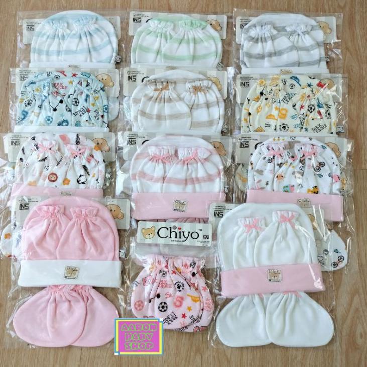 Order Sekarang Topi Set Bayi CHIYO Part 2 / Topi + Sarung Tangan + Sarung Kaki Newborn NB SNI Polos / Motif