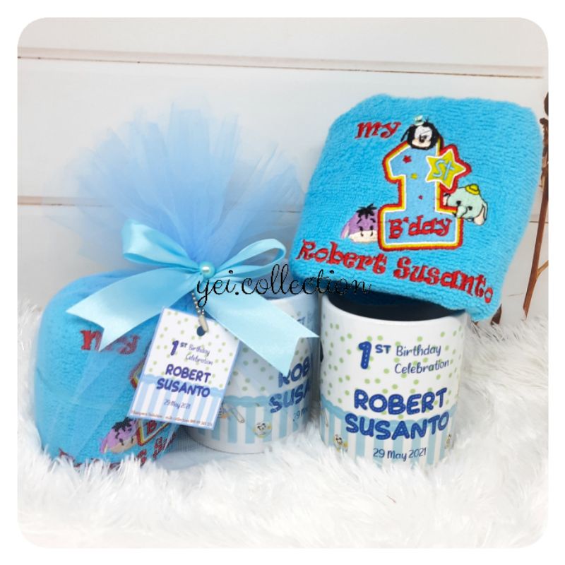 Pre Order - Hampers Souvenir Mug Custom + Handuk Bordir Tile Pita | Kado Bayi, Aqiqah, Ultah, Weddin