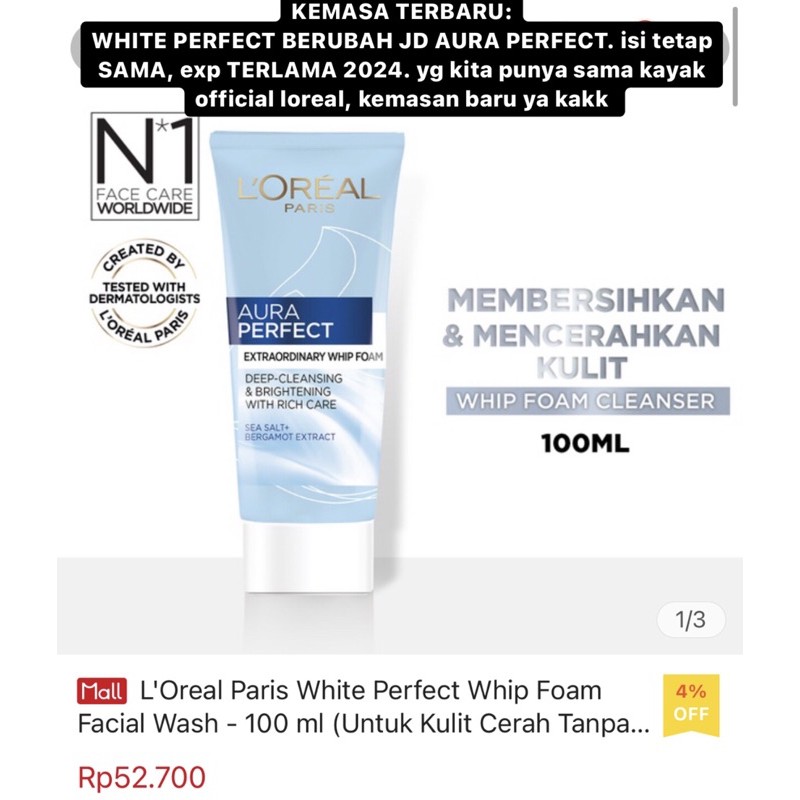 Loreal White Perfect Aura 100  ml Extraordinary Whip Foam Cleanser Facial Wash Brightening -L'Oreal COD