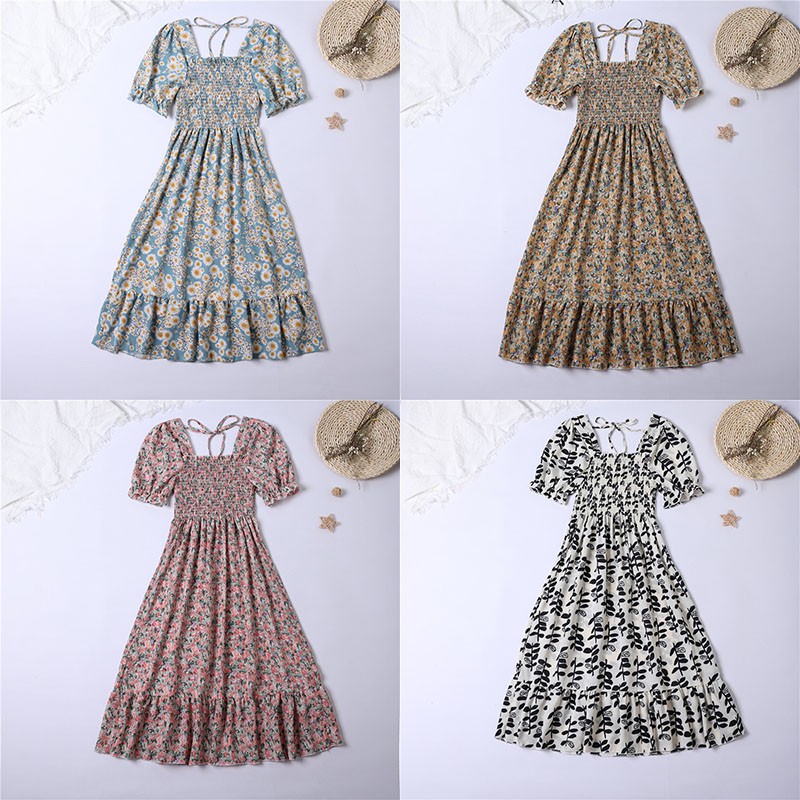 Dress motif bunga smocked korea lengan pendek dengan dasi belakang