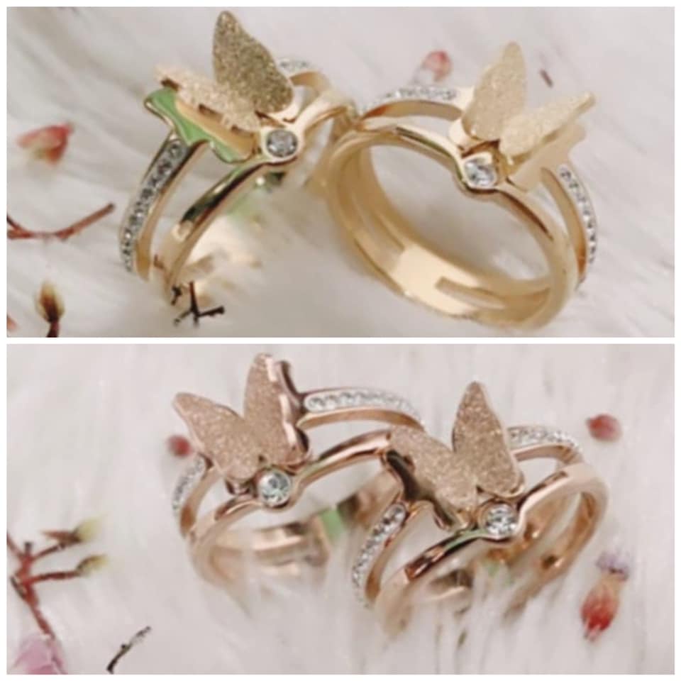 Cincin Wanita Titanium Asli Anti Karat Model Kupu-Kupu Mutiara Double Ring Mewah Elegan Varian Warna