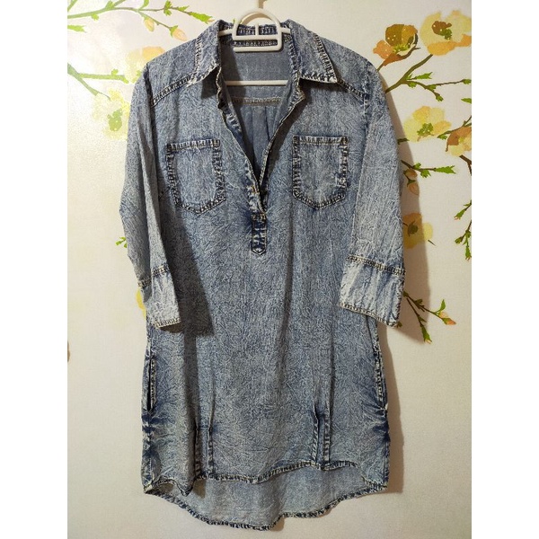 Dress Atasan Jeans Denim Halus Adem Kerah Kancing depan Hidup Lengan 3/4 Biru Ice Blue White Real Pi