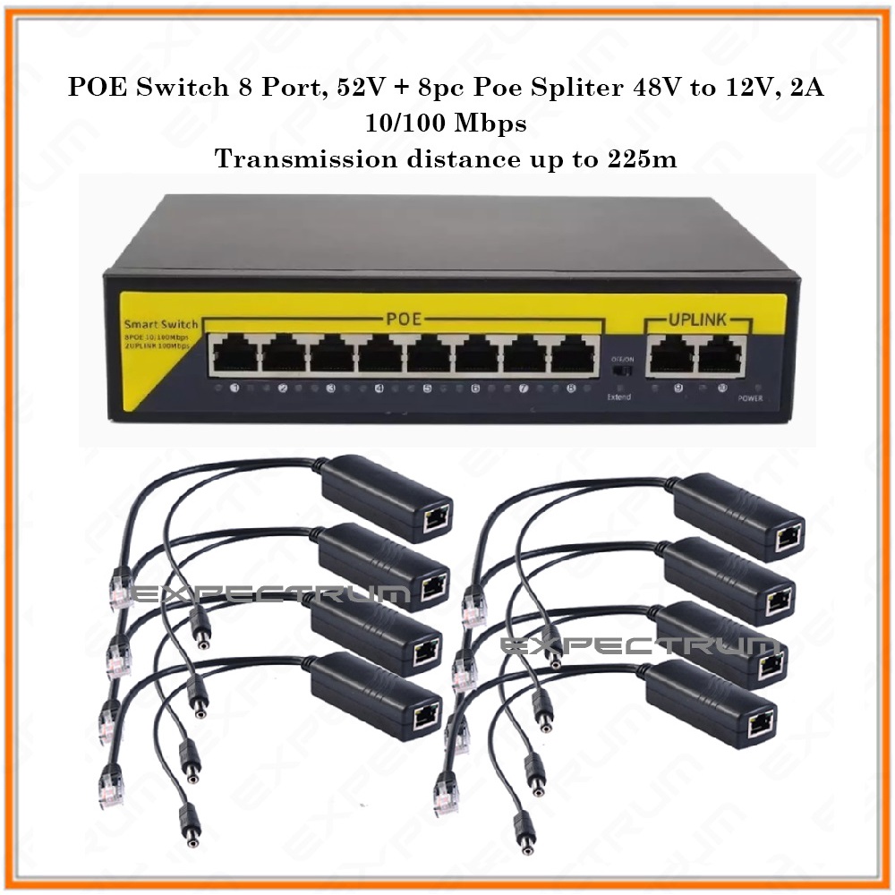 SMART POE SWICTH 8 + 2 Port 10/100M. 52V + POE Splitter 48V-12V, 8 Pcs