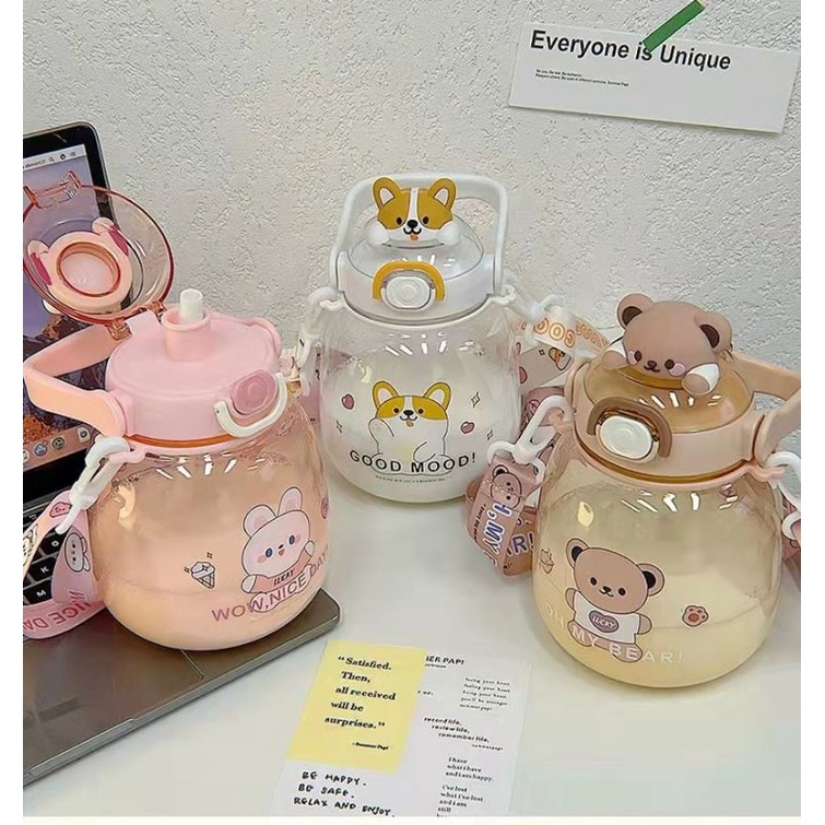 botol minum sedotan anak 1100 ml animal lucu (free gantungan+ sticker 3d)