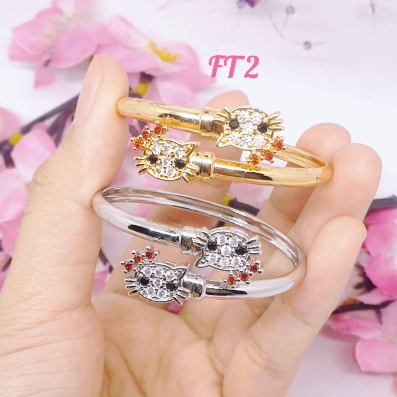 Gelang anak Mickey &amp; kitty fleksibel lapis emas ada bell