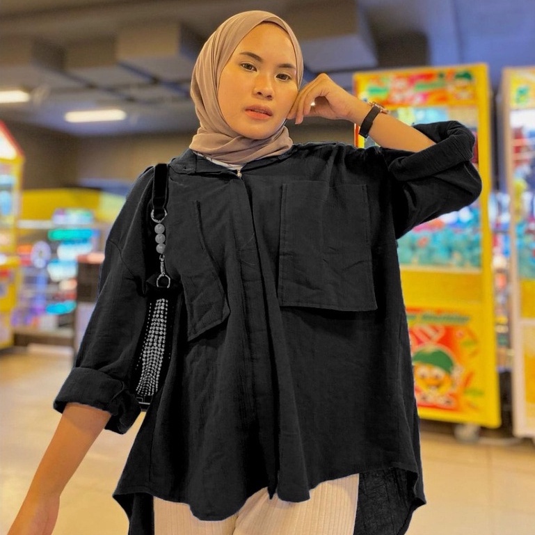 GMS - Alice Top Long Shirt Cringkle Oversize Pocket Ld 120 Fit S-XL Fashion Baju Atasan Blouse Kemeja Polos Casual Remaja Wanita Muslim Korean Style