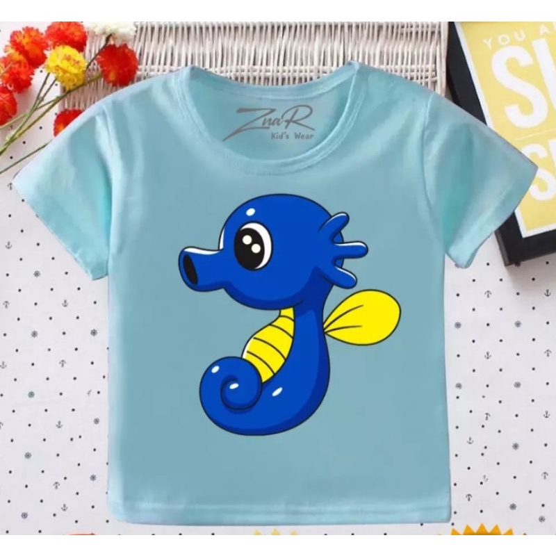 Baju bayi atasan kaos bayi usia 3-9 bulan-12 Biru kuda laut