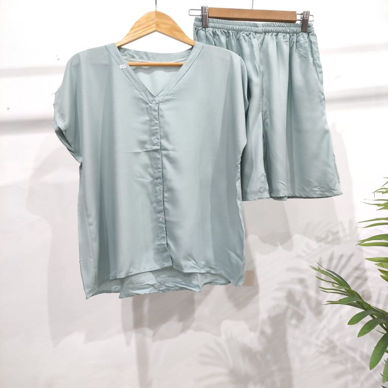 PIYAMA KANCING PENDEK | PIYAMA RAYON | BAJU TIDUR RAYON-VN BABY BLUE