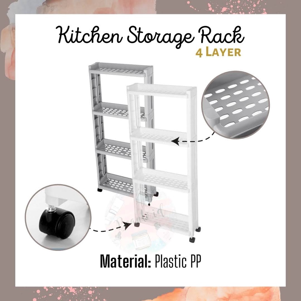 Rak Susun 4 Tingkat Laci Penyimpanan Barang Serbaguna Berkualitas Dengan Roda Bumbu Masak Dapur Sabun Cuci Pinggir Mesin Cuci Minimalis Kuat Tebal Organizer Storage Rack Tray 3 Layer