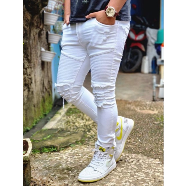Bikers Jeans putih - Celana Bikers cowok Putih Sobek Panjang Slimfit Skinny Destroy Biker - celana p