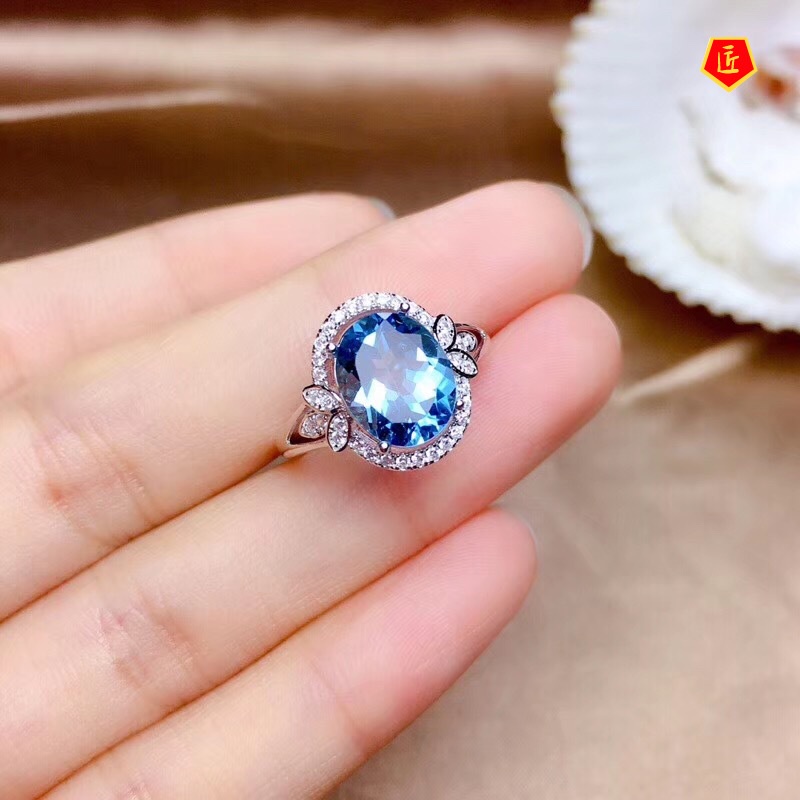 [Ready Stock]Fashionable Temperament Micro-Inlaid Oval Blue Topaz Ring