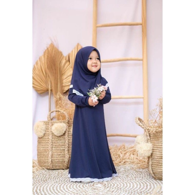 Gamis Meca Set Hijab Anak Perempuan Usia 6 Bulan-2 Tahun |Setelan Busana Bju Syari Bayi Terbaru 8 bln-1 Thn|Stelan Pakaian Tanggung Little Pineapple Baju Muslim Lucu