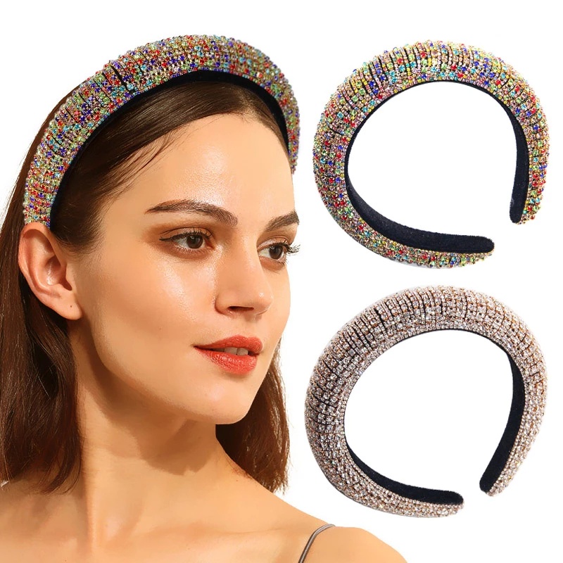 Luxury Women Shiny Full Colourful Crystal Rhinestone Wide-brimmed Sponge Headbands