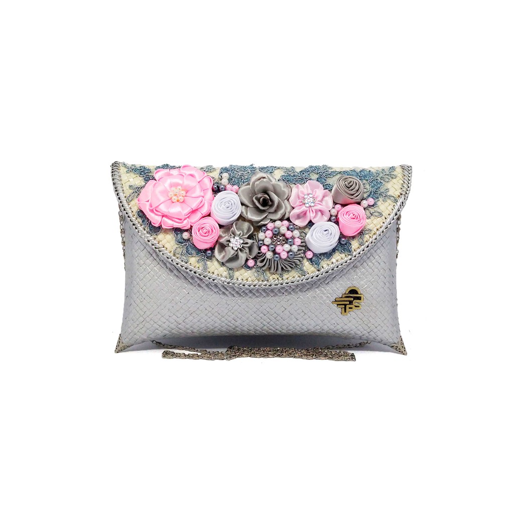 Putra Sukapura Dompet Anyaman Pandan Eksklusif Clutch Pesta Wanita-Silver Pink Premium