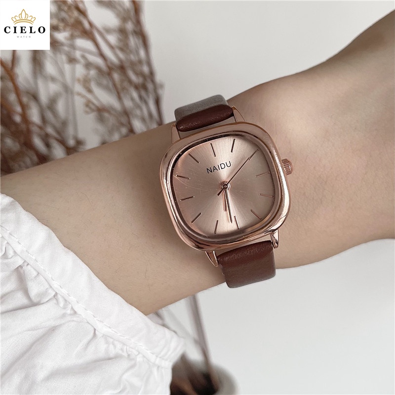 Cielo【COD】Automatic Watch Arloji Untuk Wanita dengan kotak Tali Kulit Klasik Stainless Square ORI Ins