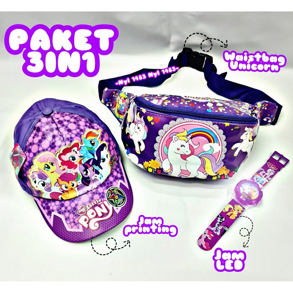 PROMO ^^ TAS WAISTBAGS ANAK PEREMPUAN [ PAKET 3in1 / TOPI PRINTING / JAM TANGAN LED