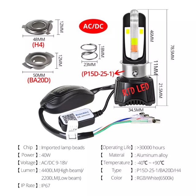 Lampu Led Motor H4 H6 RTD M02K App RGB 29 Mode Original RTD