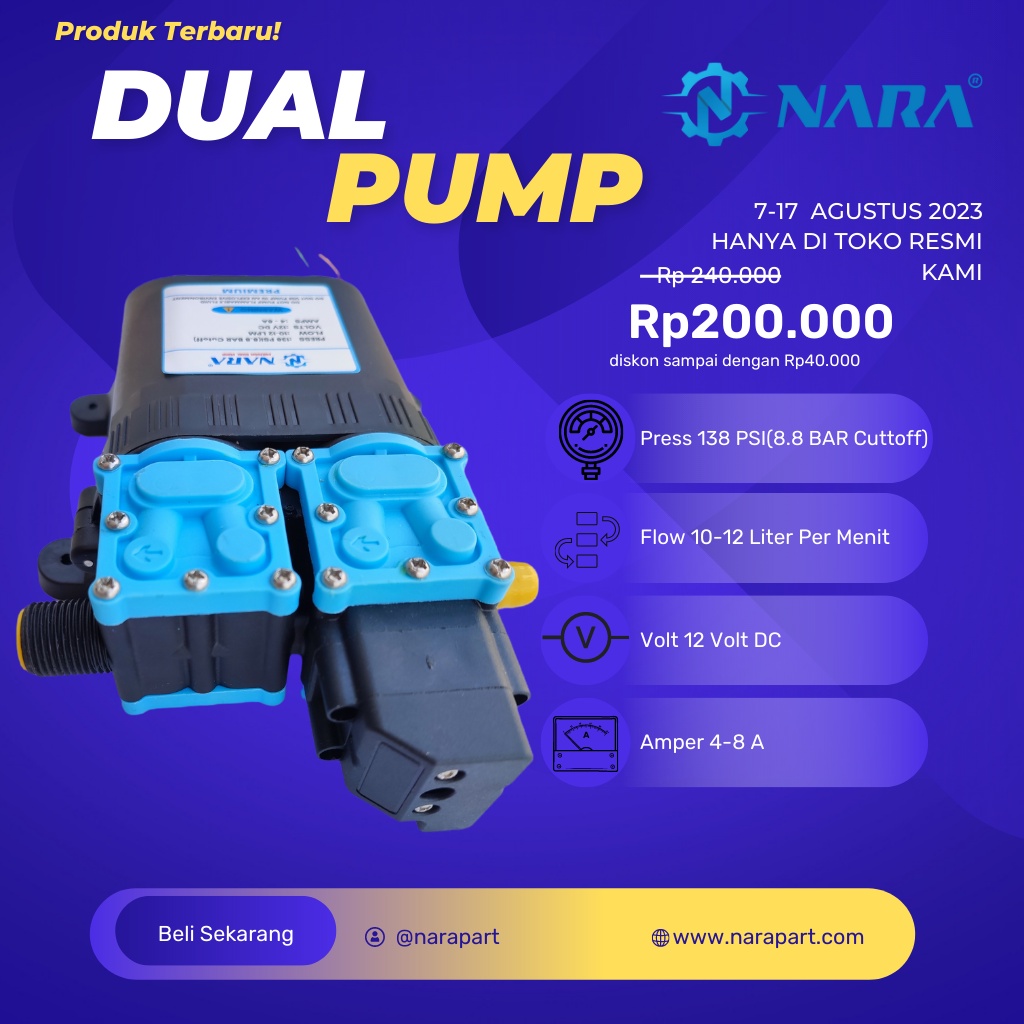 Pump DC NARA dua dinamo 12v 8A serbaguna pompa DC Dual engine138psi