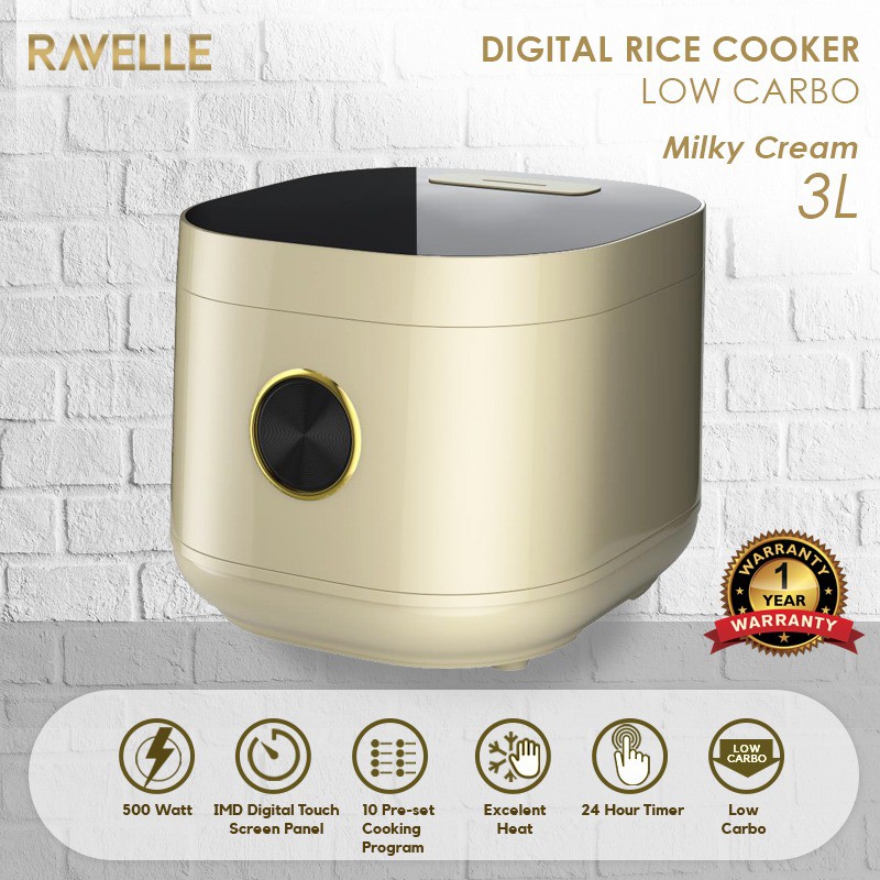 Ravelle Smart Digital Rice Cooker Low Carbo Low Sugar 3L - Milky Cream