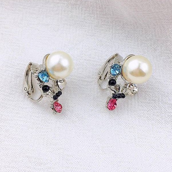 Anting Klip Tanpa Tindik Hias Mutiara Berlian Imitasi Warna-Warni Untuk Wanita