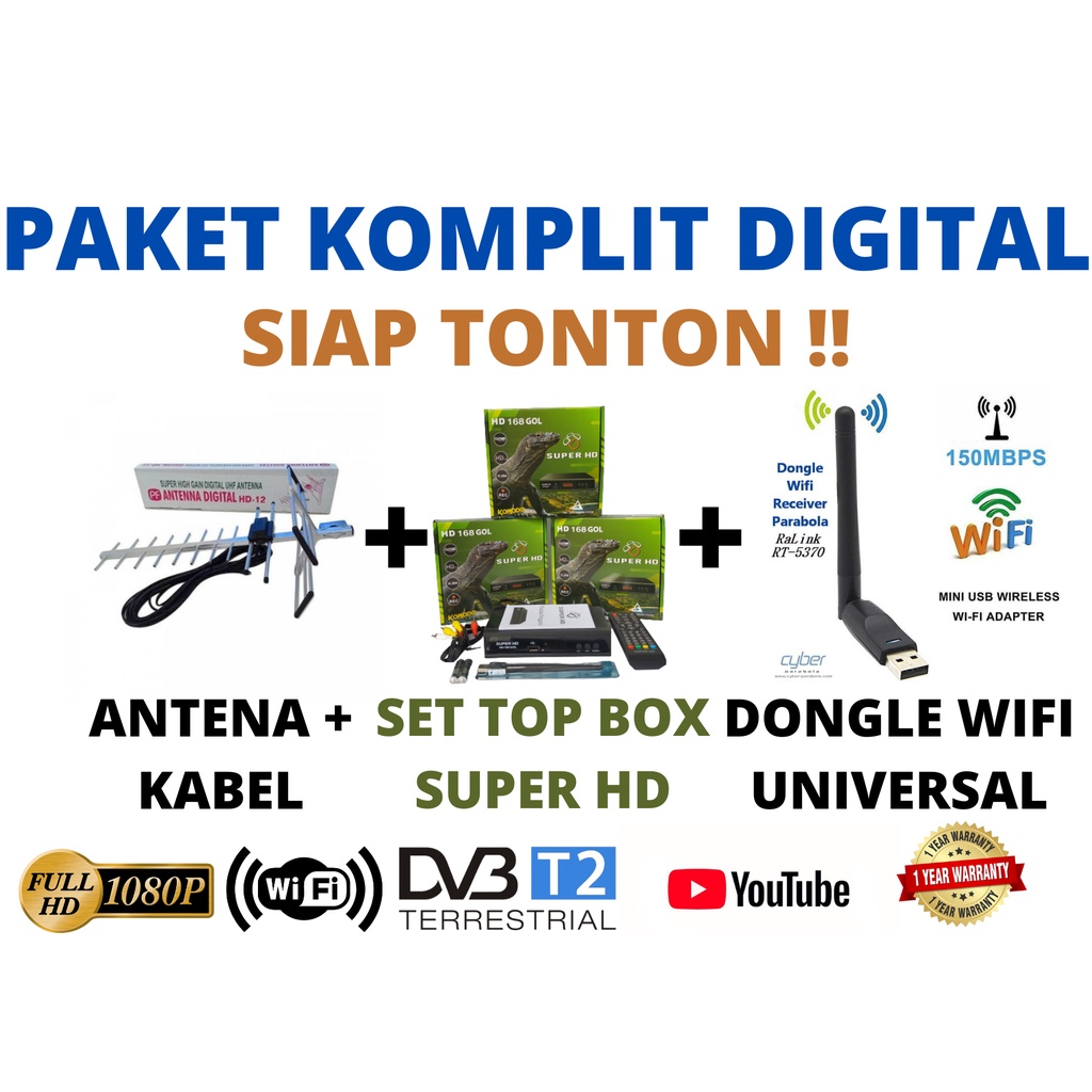 PAKET ANTENA TV DIGITAL + SET TOP BOX + DONGLE WIFI SIAP TONTON