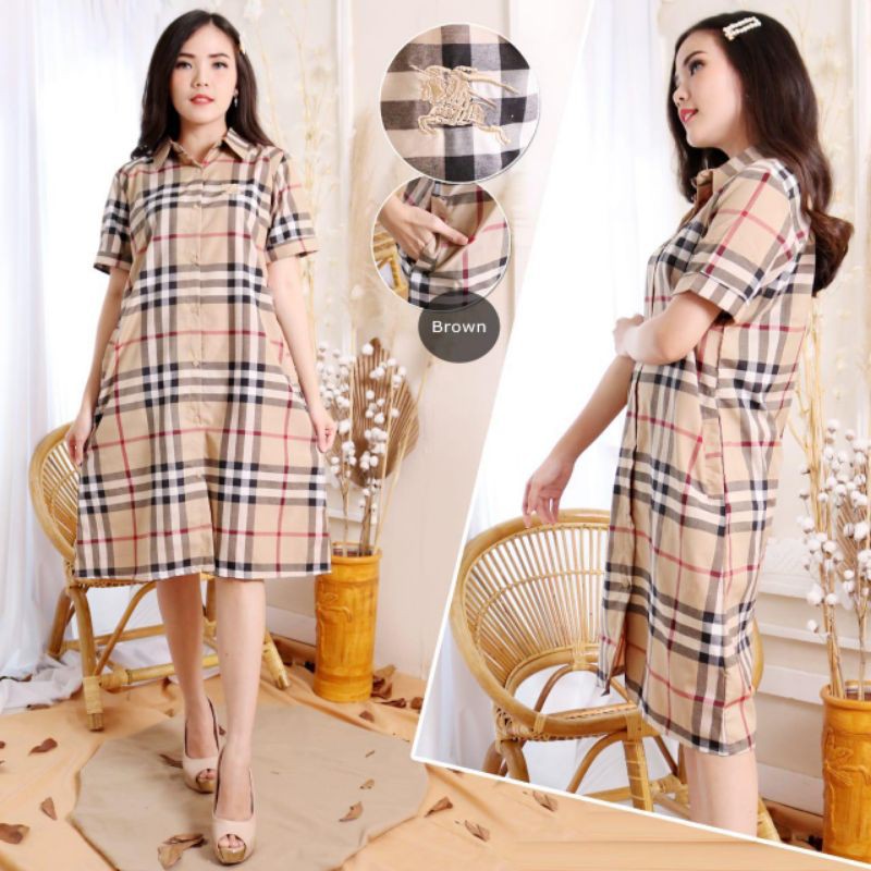 Dress wanita bahan katun, dress katun motif burberry, Dress santai , Dress katun kotak kotak