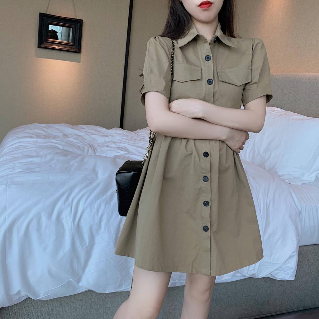 [littlecrab] Dress Full Kancing Berkerah Simple Elegan Dress Polos Saku Kiri Kanan Berkualitas Korean Style Short Dress Model Simply Dress Lengan Pendek Unik Nyaman