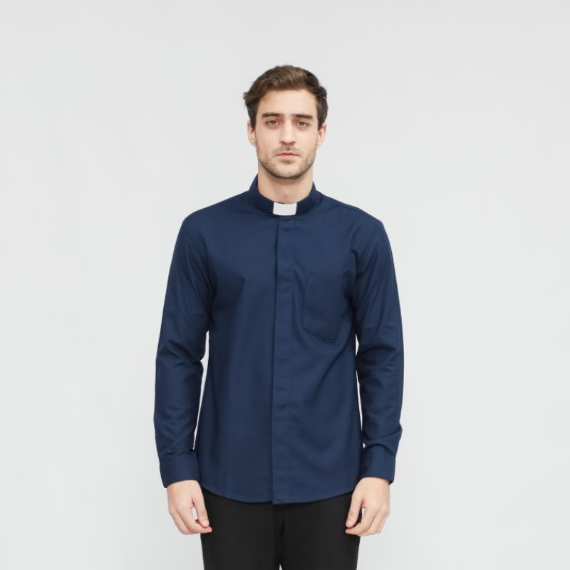Pendeta - Kemeja Collar Navy Panjang Polos - Cotton Tropical - Jos Miracle Bandung - Miracle - JMB