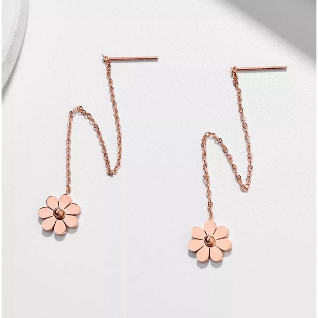 Anting Drop Titanium Aksen Bunga Warna Steel Rose Gold