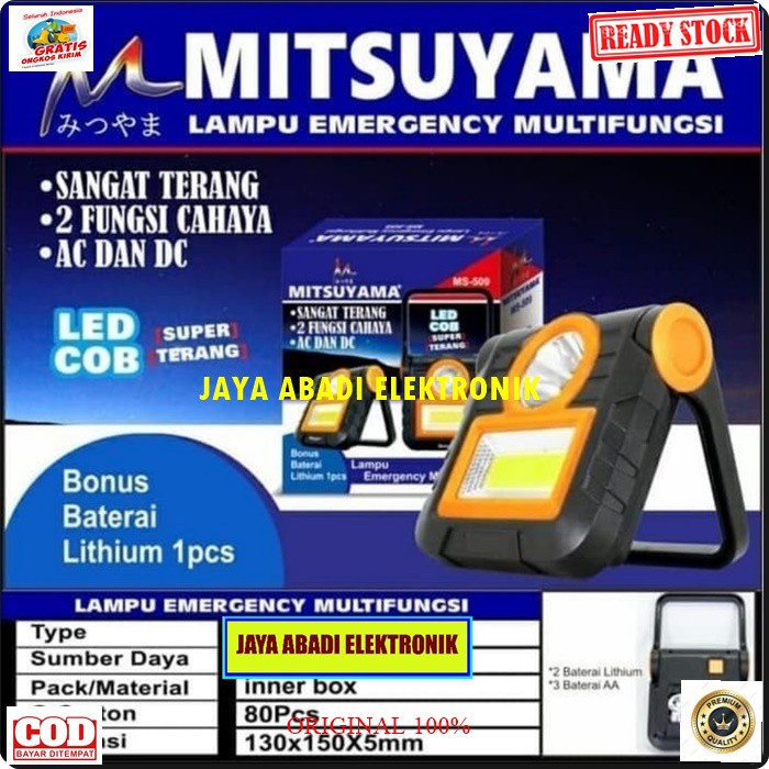 G523 LAMPU EMERGENCY LED CHARGER CAS CASAN DARURAT BATERAI CAS 18650 AC DC MAGIC LAMP BOHLAM SINAR TERANG PENERANG MITSUYAMA MULTI FUNGSI CAHAYA G523  Spesifikasi; . Led COB 20watt sangat terang dengan 2 fungsi cahaya Low -High . dilengkapi senter led