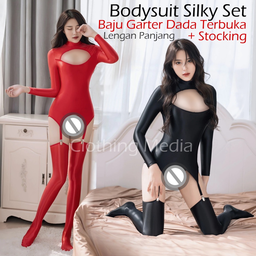 Bodysuit Silky Set Baju Dada Terbuka Stocking Garter Warna Halus Elastis