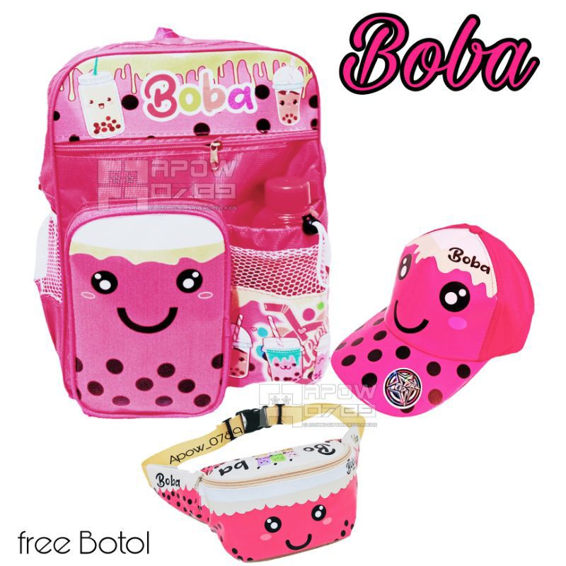 Tas Ransel Anak Perempuan Karakter Boba 3in1 - tas + waistbag + topi free botol minum