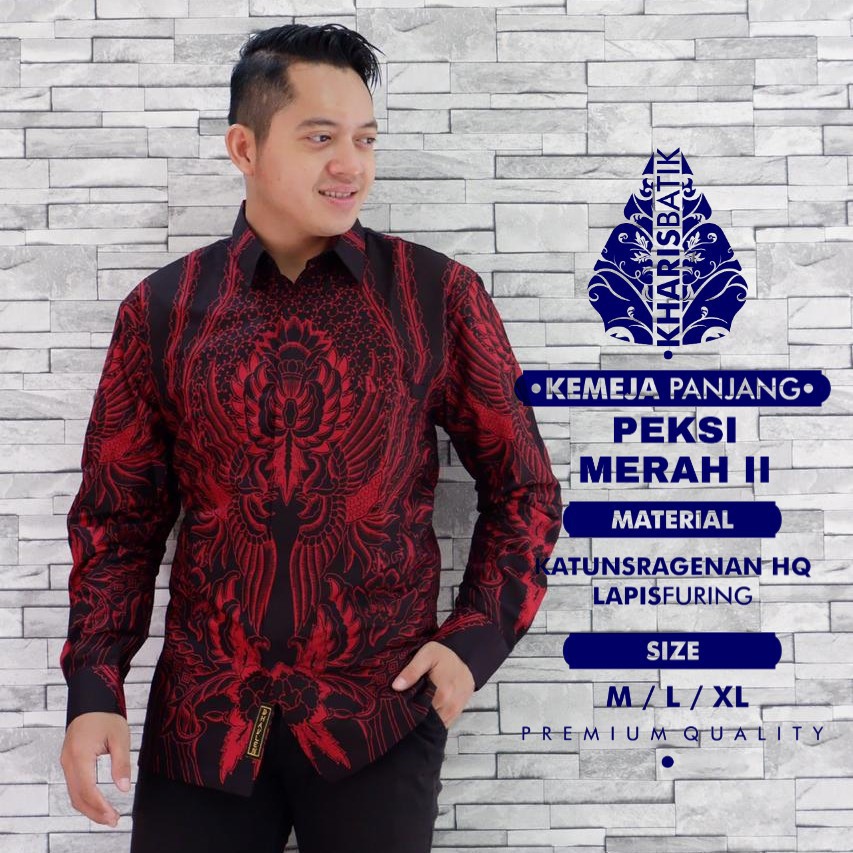 MANUK PEKSI MERAH Kemeja Batik Pria Lengan Panjang | Hem Batik Pria FULL FURING KHARIS