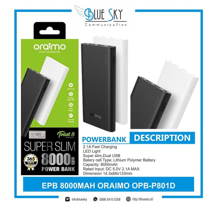 POWERBANK PORTABLE 8000MAH ORAIMO OPB-P801D SUPER SLIM MINI DUAL USB