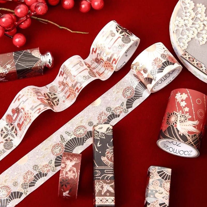 BayLuna W18 5pcs/set Classic Washitape Motif Jepang China Ancient Flaminggo Art Style Gold Silver Masking tape