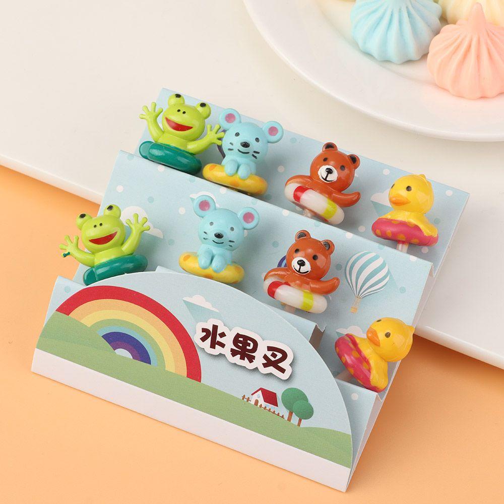 SOLIGHTER 8pcs/set Gift Children Fruit Forks Party Decoration Bento Crockery Kids Food Picks Plasic Tableware Reusable Cartoon Animal Koala Bear Duck Frog Toddler Dessert Cute Mini Toothpicks