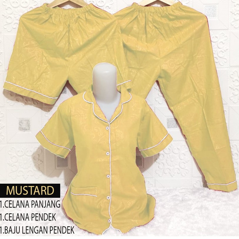 ISANNY PIYAMA SET 3IN1 SIZE.XL/PIYAMA SATIN EMBOS 3 IN 1/WARNA TERBANYAK/READY STOK/REAL PICT-MUSTARD