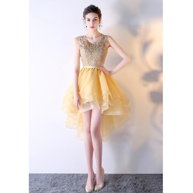 1707075 Emas Kuning Pendek Gaun Pengantin Wedding Gown Dress