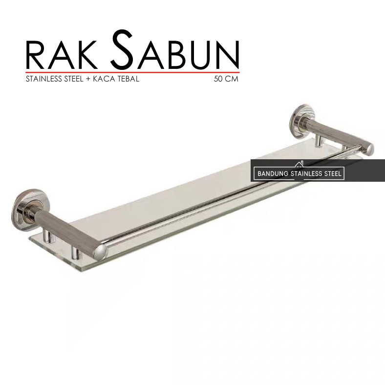 Rak Tempat sabun shampo stainless kaca tebal 1 susun 50 cm persegi kamar mandi