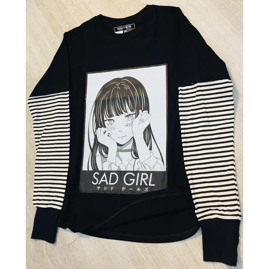 Longsleeve Double Layer Sad Girls Streetwear Oversized Black Anime Character Premium