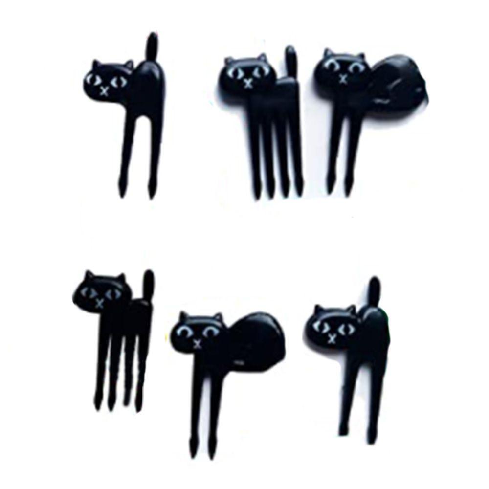 Solighter 6pcs Garpu Buah Desain Kartun Kucing Hitam Untuk Dekorasi Bento