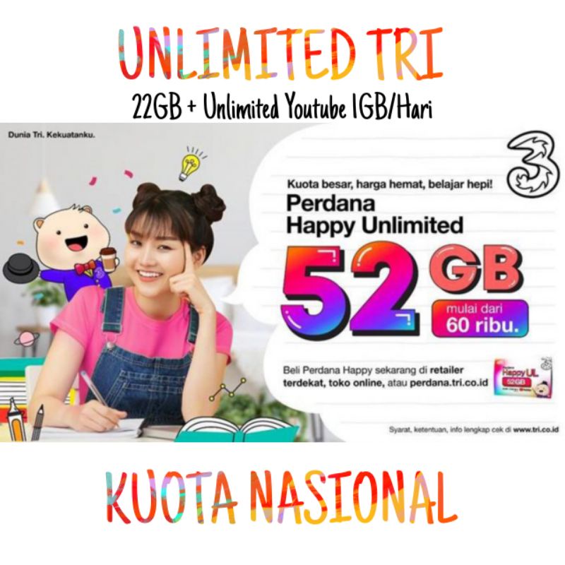 INJECT ISI ULANG KUOTA TRI 22GB 52GB UNLIMITED YOUTUBE NASIONAL MURAH