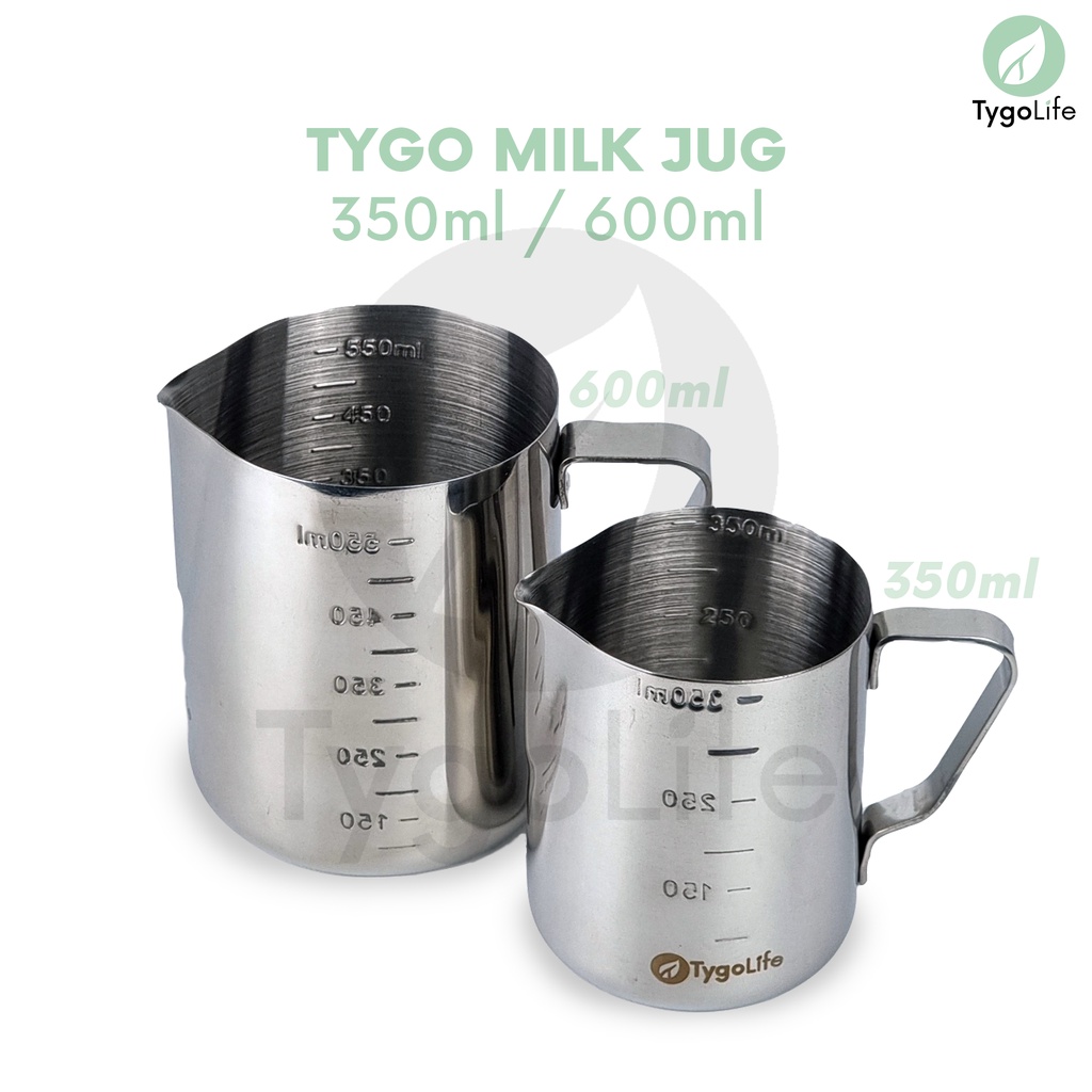 TYGOLIFE MILK JUG BARISTA LATTE ART 350ml 600ml TITANIUM/STAINLESS STEEL DGN SCALE