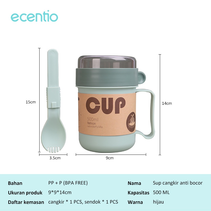 ecentio &amp; FOODI 1000ml tempat bekal  kotak makan 2 grid/Cangkir Tempat sup Bekal Anti Tumpah 500ml