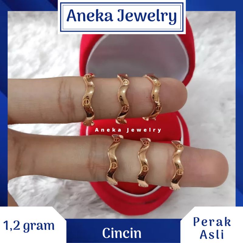 Cincin Gelombang Ukir, Perak 925, Lapis Emas Rosegold