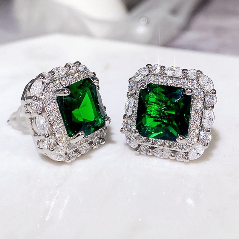 Anting Stud Cubic Zirconia Warna Hijau Gaya Vintage Untuk Wanita