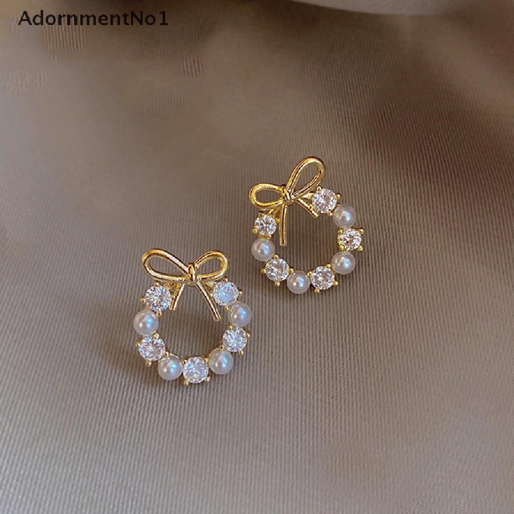 (AdornmentNo1) Anting Tusuk Gantung Bentuk Lingkaran Aksen Pita + Mutiara Imitasi Untuk Wanita