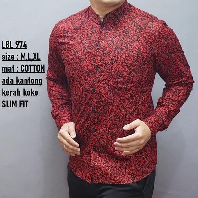 Kemeja Batik Pria Slim Fit Merah / Baju Batik Pria Cheongsam Lbl974 Terlaris