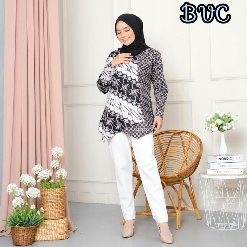 tey-17 Batik Wanita ASJ SA HRB026 Kenongo Kemeja Tosca Pendek-Blues Kombi Abu