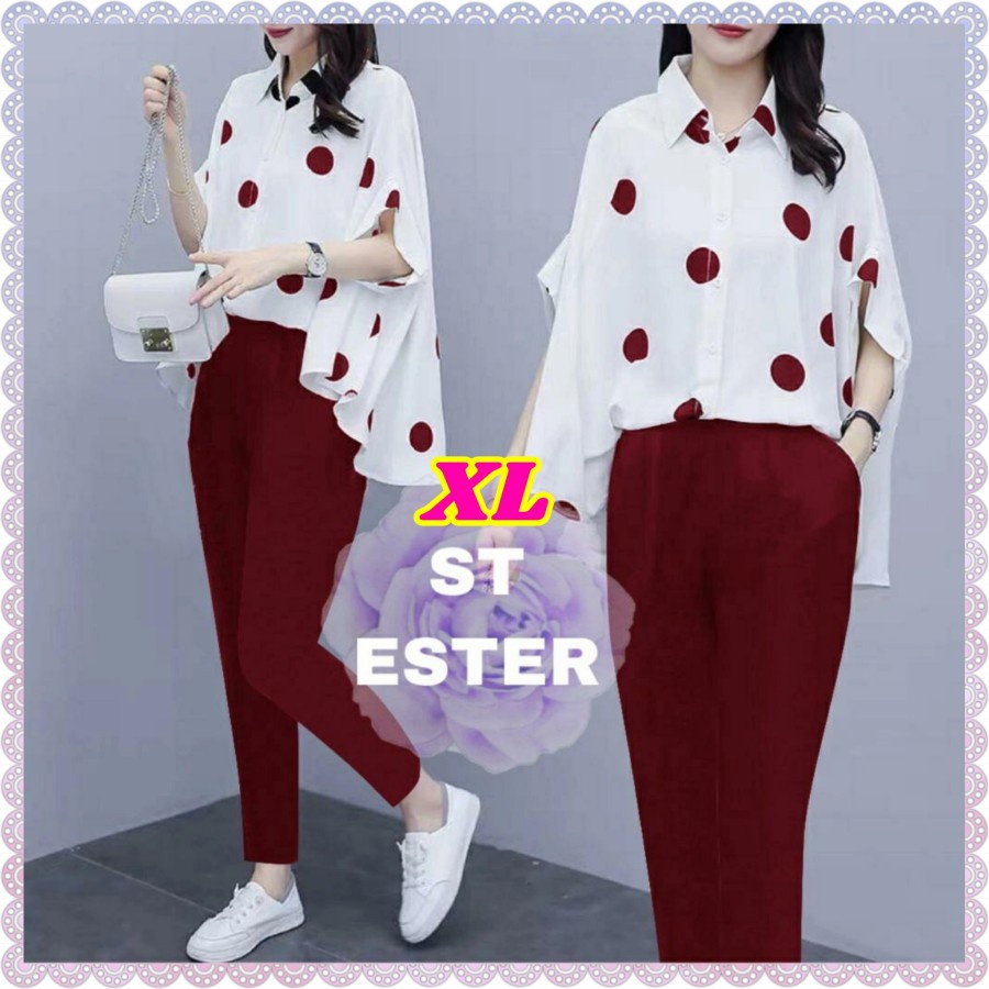 One Set / Setelan / Homedress Waka Waka Batik Polkadot Setelan Jumbo Polka Ester Bahan Babyterry XL